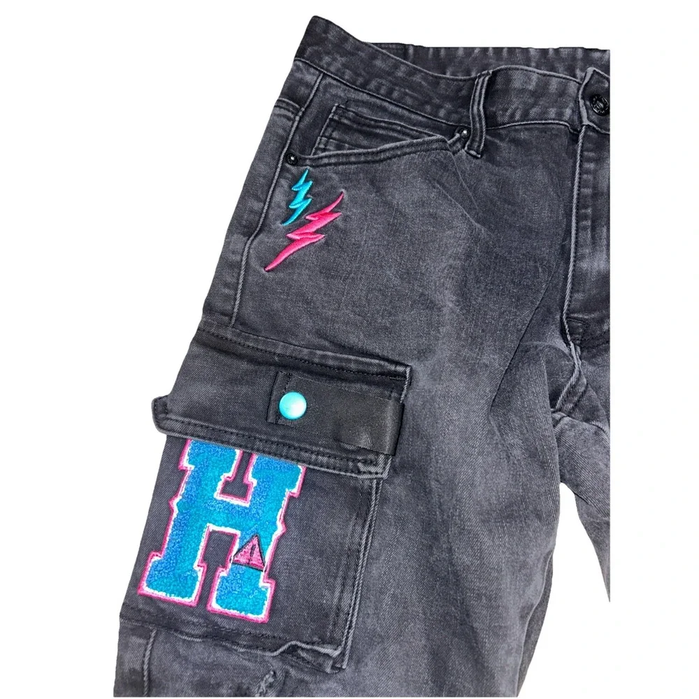 Smoke Rise Mens Distressed Graffiti Cargo Pants 36x34‎ Black Grunge Urban Street